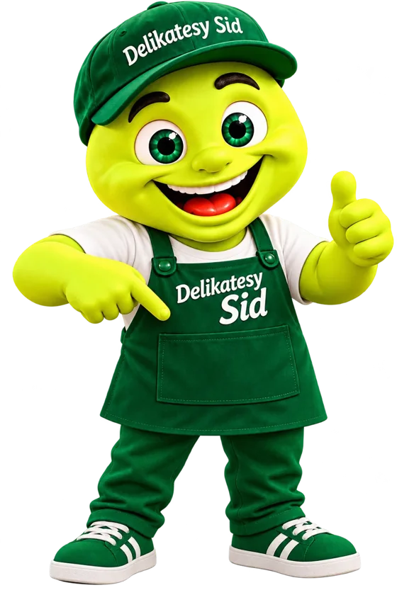 Maskotka Delikatesów Sid pokazuje kciuk w górę